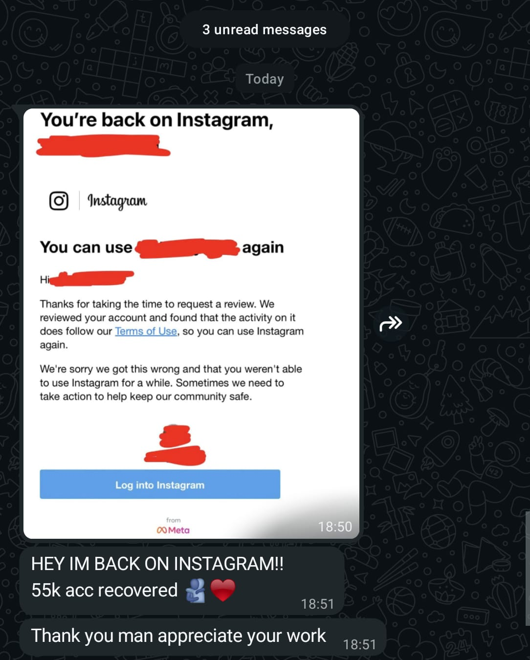 Client recovery proof — recovered Instagram account 1